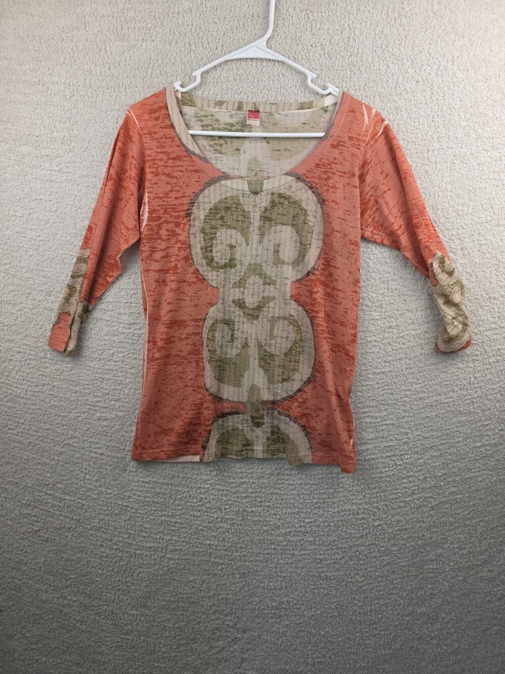 Before+Again Women's Coral And Tan Graphic Print 3/4 Sleeve Top Size Small